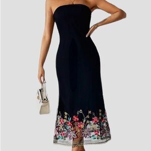 Elegant Romantic Strapless Tube Top Black Dress Mesh Floral Embroidery